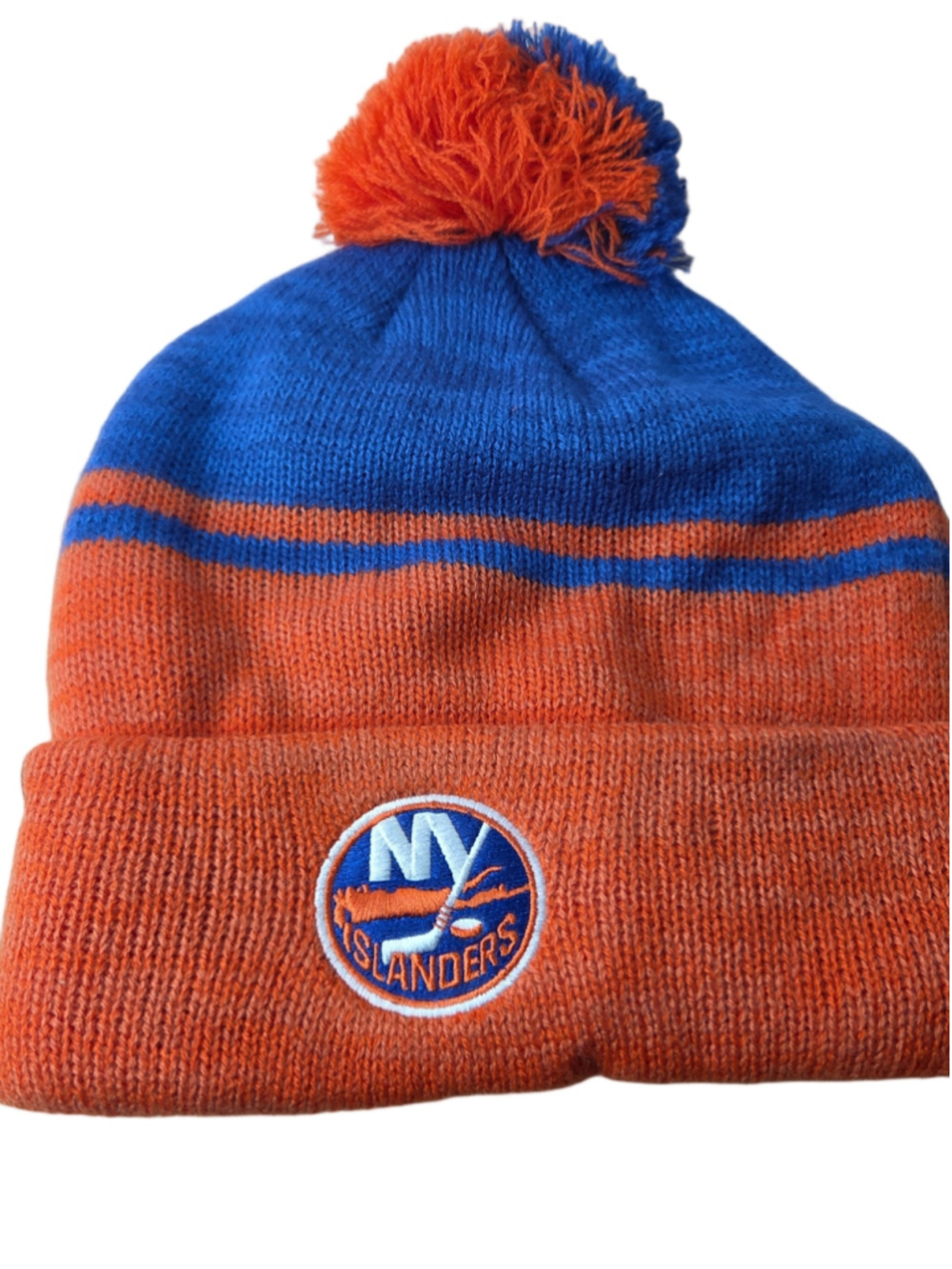 Men's Fanatics NY Islanders Pom Beanie Hat One Size Orange Blue NWT New #156
